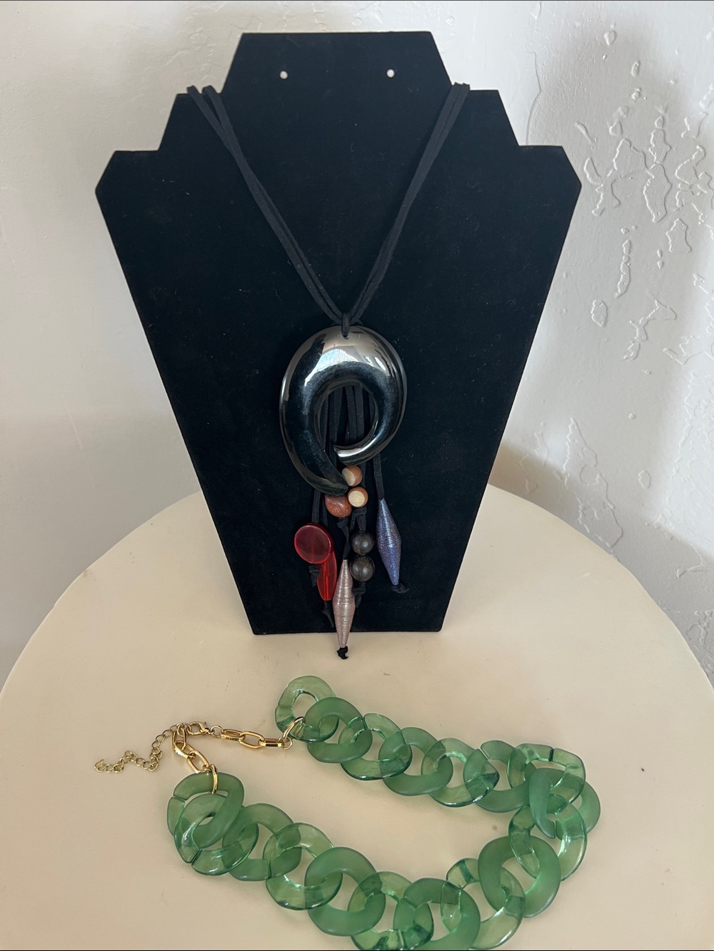 Handcrafted Black Statement Pendant Necklace with Multicolor Accents lot of 2
